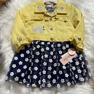 SOLD NWT Little Lass 2 piece Denim ruffle Jacket Sunflower Dress set 18 months